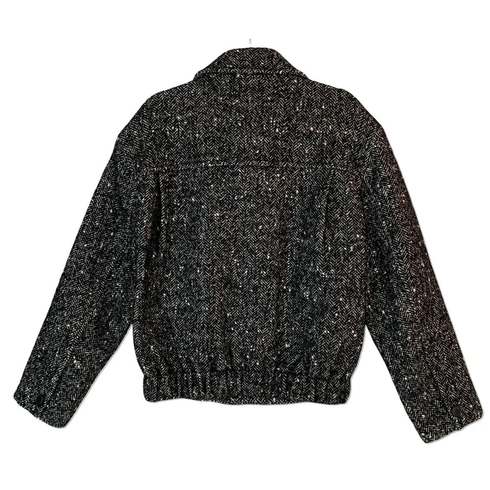 ZARA Bomber Jacket Women Medium Black Gray Zip Tweed Lined Classic - Picture 8 of 13